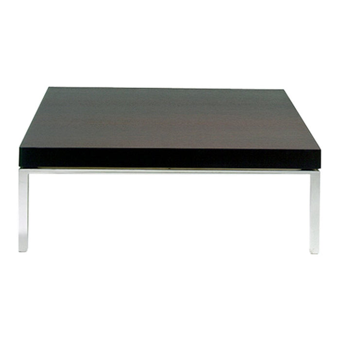 Modern black square coffee table with sleek chrome legs, featuring a minimalist design and smooth surface.