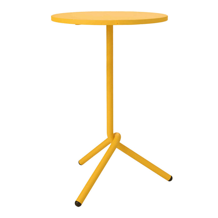 Bright yellow round table with a sleek, minimalistic design and a sturdy three-legged base. Perfect for modern spaces.