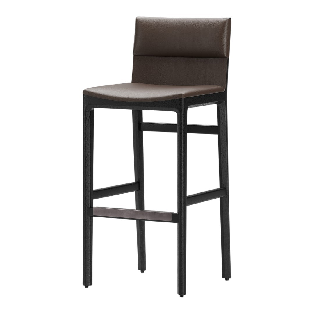 Brown faux leather barstool with a sleek black frame, featuring minimalistic design and modern patterns.