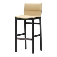 "Stylish bar stool in soft cream with a sleek black wood frame, minimalist design perfect for any modern decor."