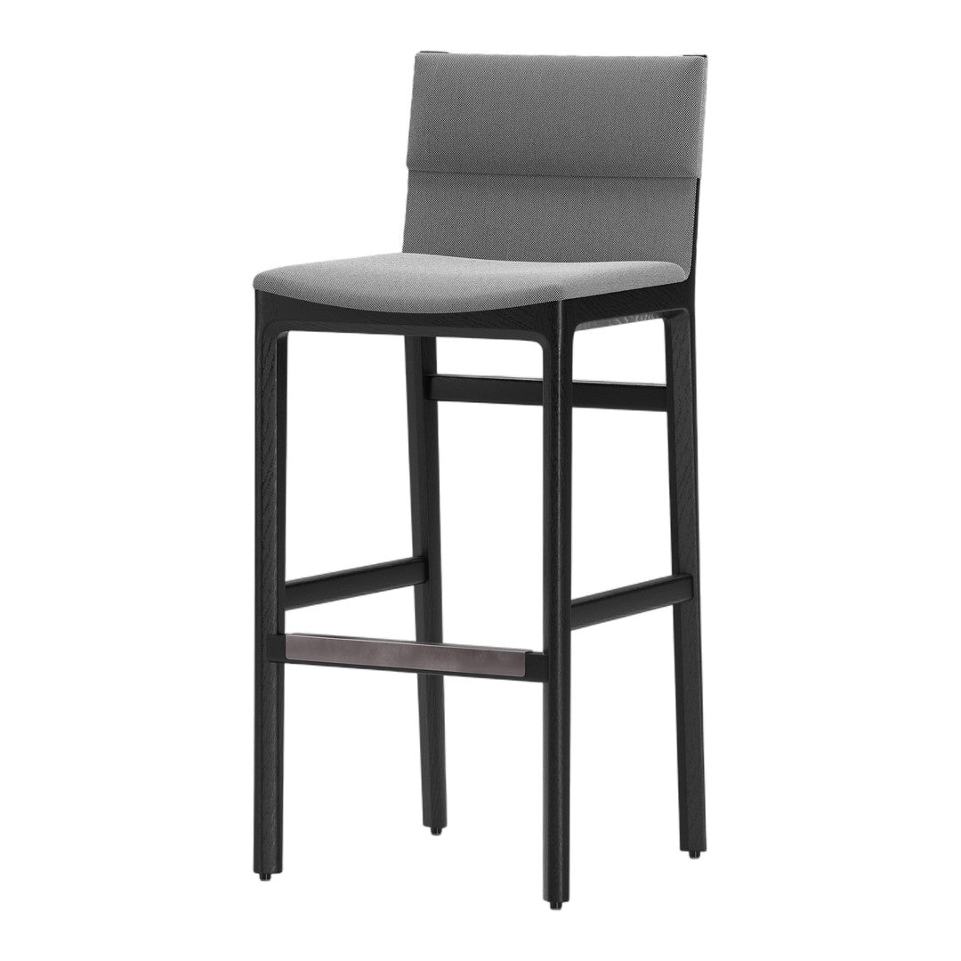 Modern bar stool featuring a sleek black frame and comfortable gray upholstery for a stylish look.