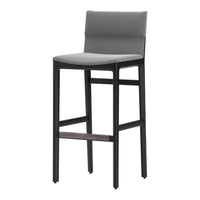 Modern bar stool featuring a sleek black frame and comfortable gray upholstery for a stylish look.
