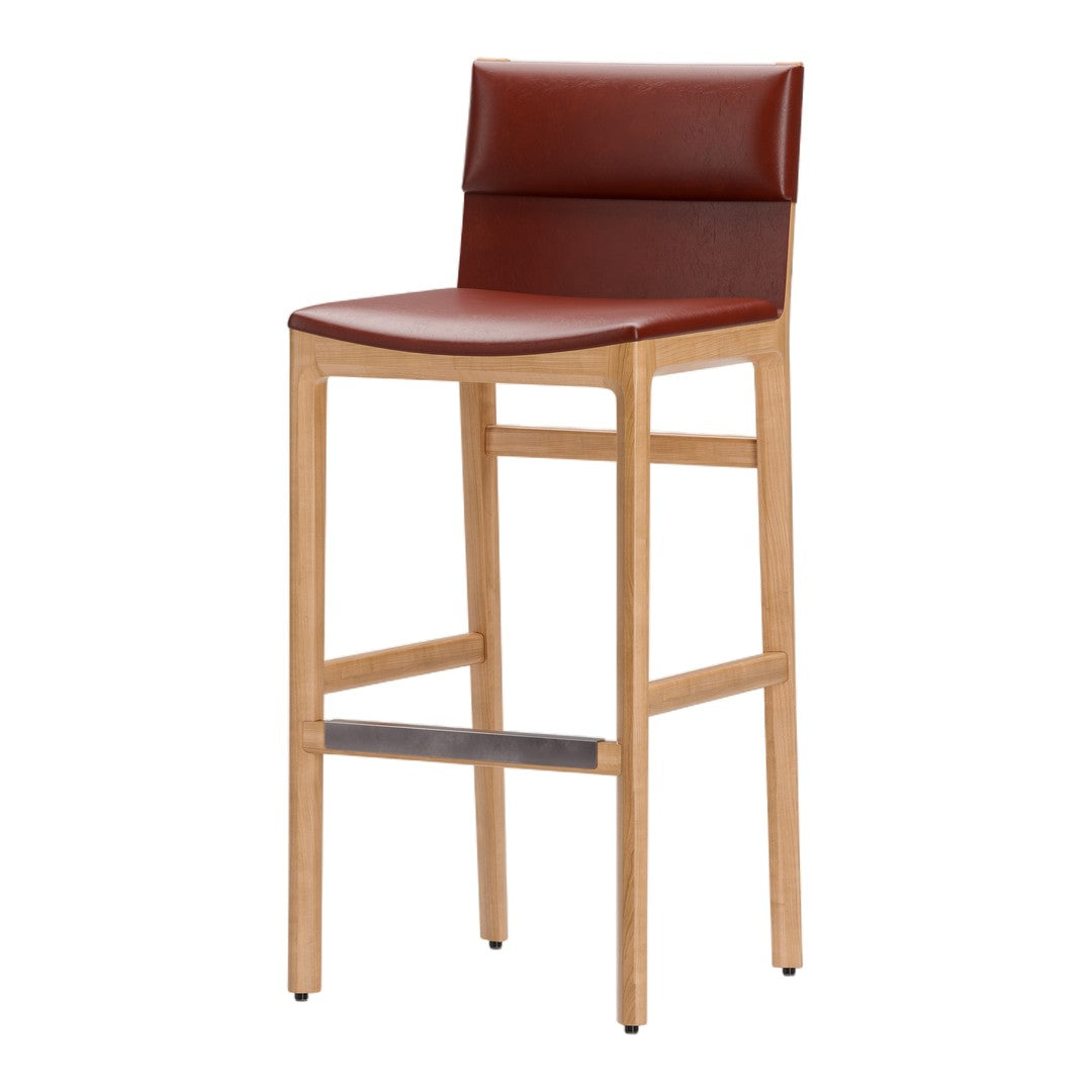 Brown leather upholstered bar stool with a natural wood frame and a sleek black footrest. Modern and stylish design.
