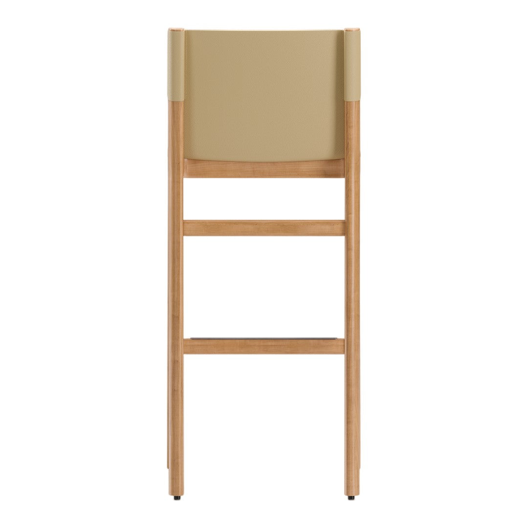 Beige upholstered bar stool with natural wood frame and minimalistic design. Perfect for modern decor.