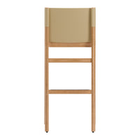 Beige upholstered bar stool with natural wood frame and minimalistic design. Perfect for modern decor.