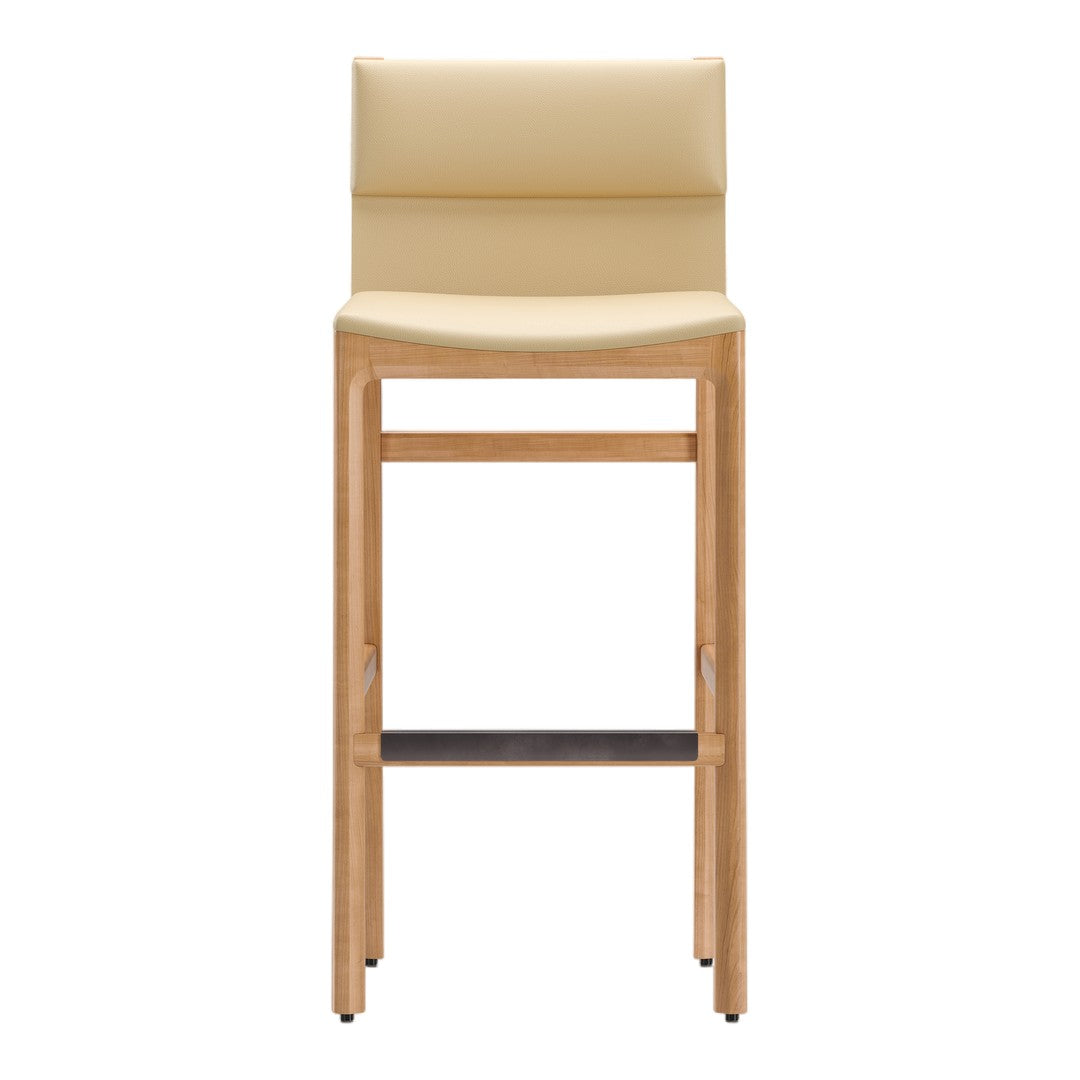 Beige leather bar stool with light wood frame and dark wood footrest, featuring a minimalist design.