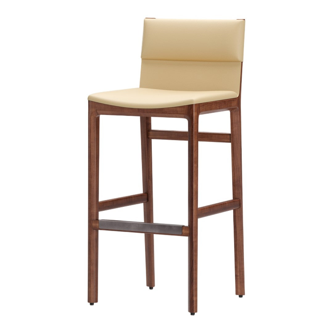 Yellow and beige upholstered bar stool with a wooden walnut frame, featuring a sleek, modern design.