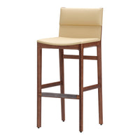 Yellow and beige upholstered bar stool with a wooden walnut frame, featuring a sleek, modern design.