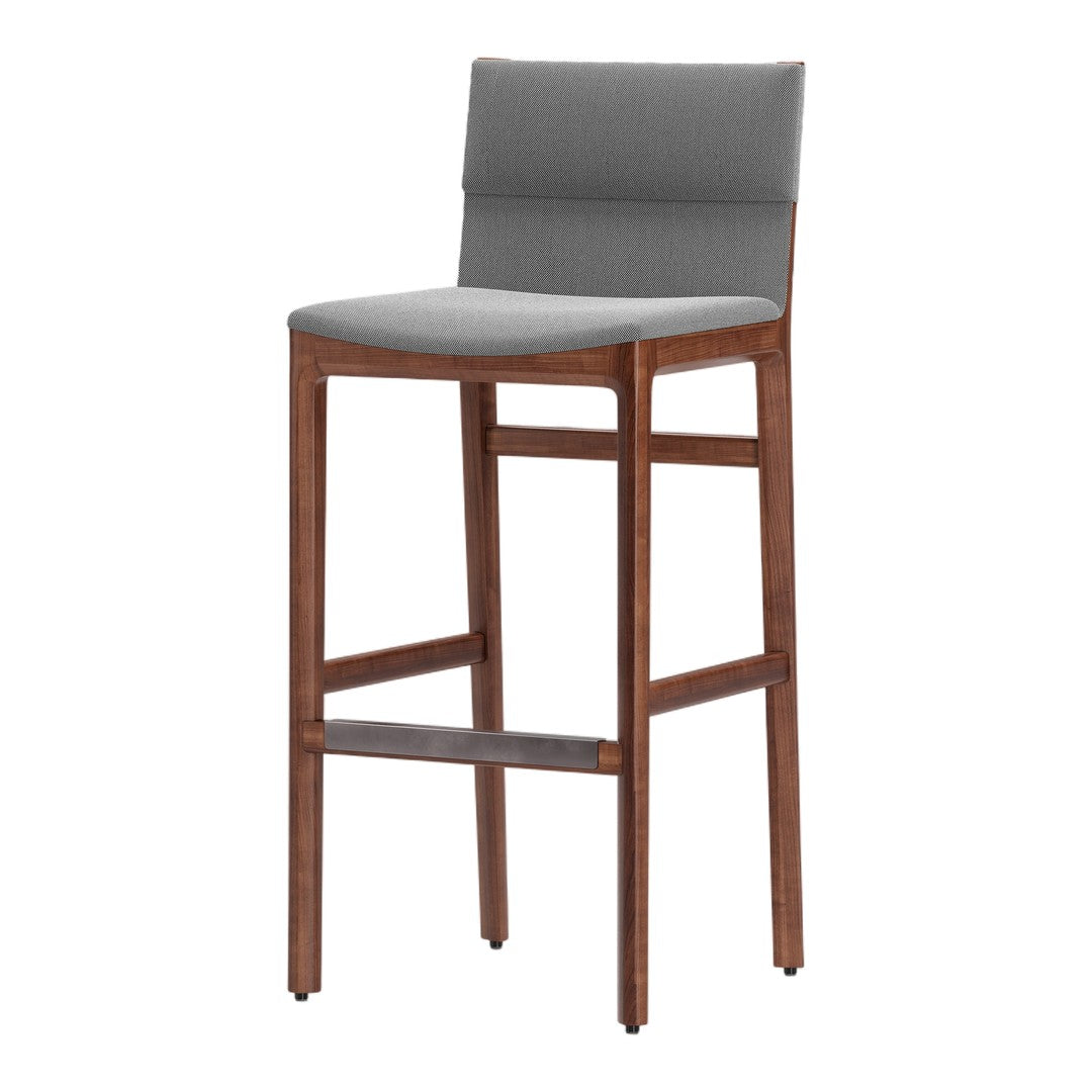 Gray upholstered bar stool with a sleek wooden frame for a modern, elegant touch. Perfect for contemporary spaces.