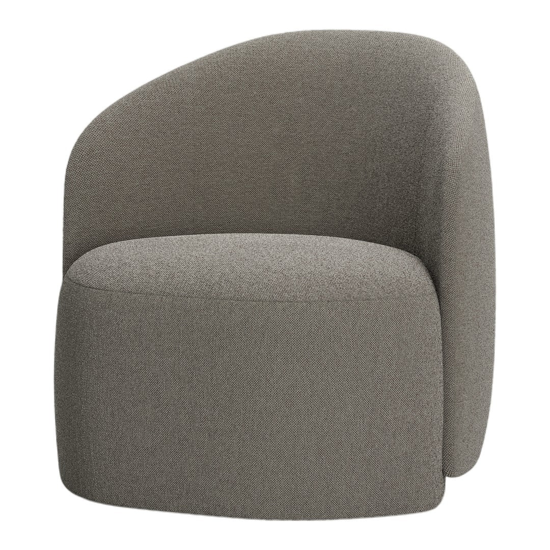 Curved gray accent chair with a textured pattern, featuring a soft, neutral color for versatile decor.
