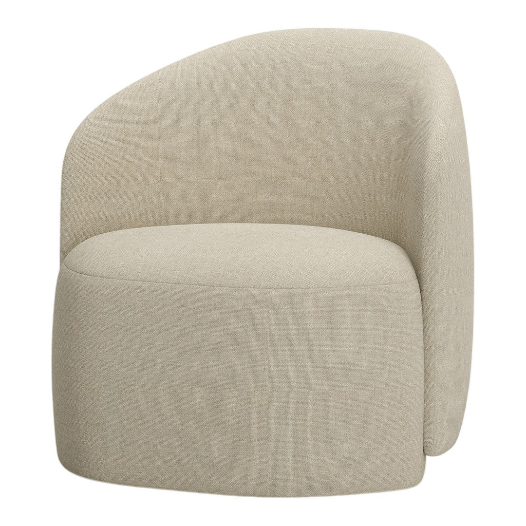 Beige upholstered accent chair with smooth, curved design and subtle texture. Perfect for modern interior decor.