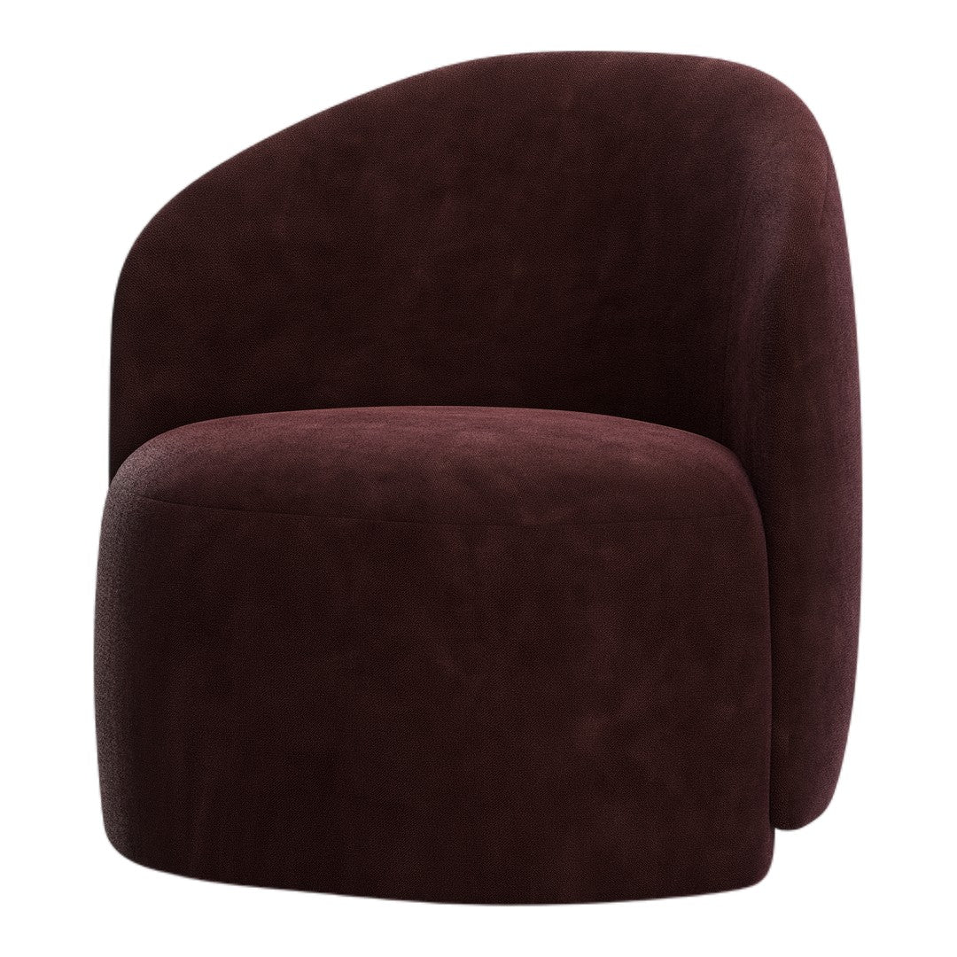Plush burgundy accent chair with smooth, rounded contours and a textured, velvety finish.