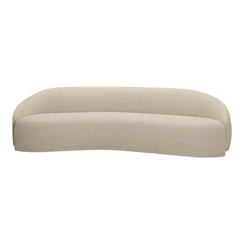 Beige curved sofa with a smooth, textured fabric, perfect for modern living room decor.