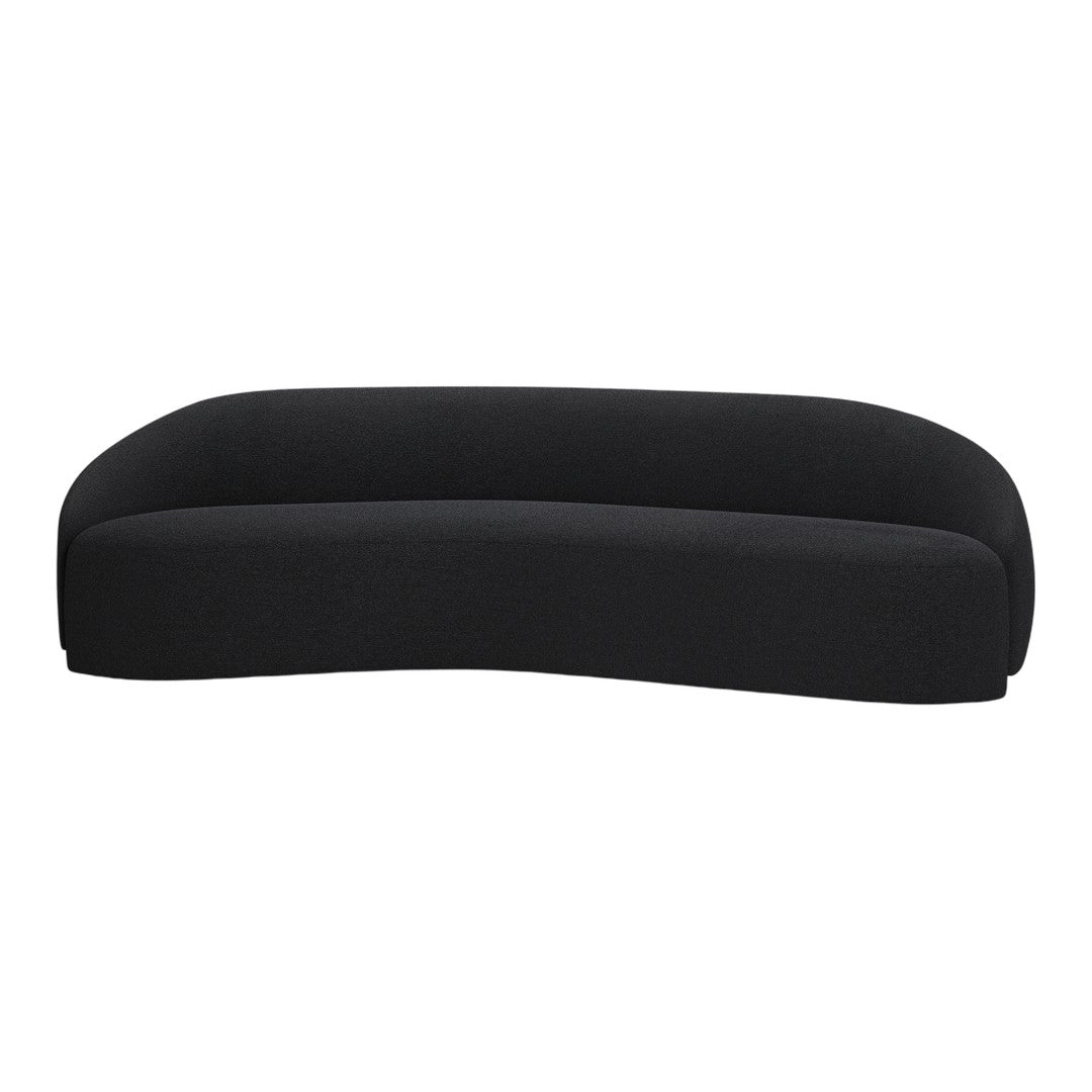 Curved black sofa with a sleek, modern silhouette and soft, textured fabric finish. Perfect for contemporary decor.