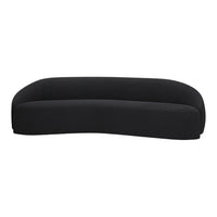 Curved black sofa with a sleek, modern silhouette and soft, textured fabric finish. Perfect for contemporary decor.