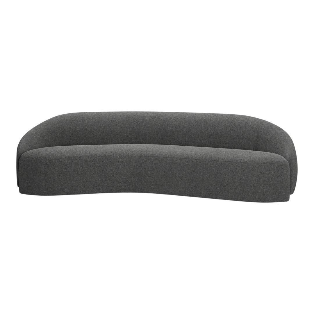 Curved sofa in deep charcoal gray fabric with a smooth, minimalist design, perfect for modern decor.