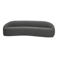 Curved sofa in deep charcoal gray fabric with a smooth, minimalist design, perfect for modern decor.
