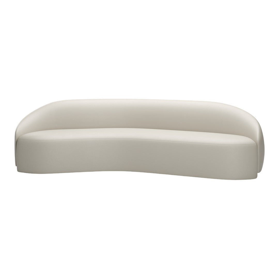 Beige curved sofa with smooth, minimalist design and seamless upholstery for a modern aesthetic.
