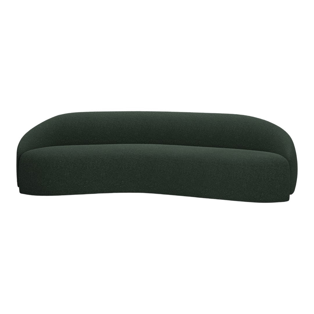 Curved dark green sofa with a smooth, textured fabric finish, providing a modern and stylish look.