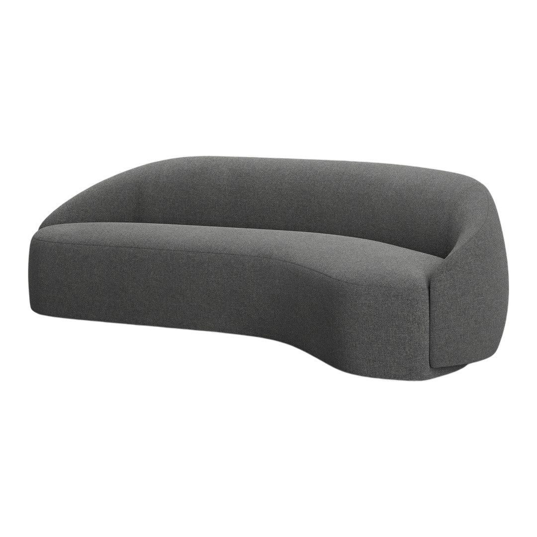 Curved modern sofa in dark gray upholstery with a smooth, minimalist design and subtle texture. Perfect for contemporary decor.