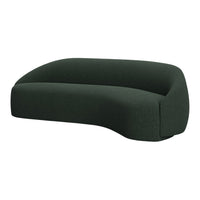 Curved green sofa in a textured fabric, showcasing a deep forest green hue and modern minimalist design.