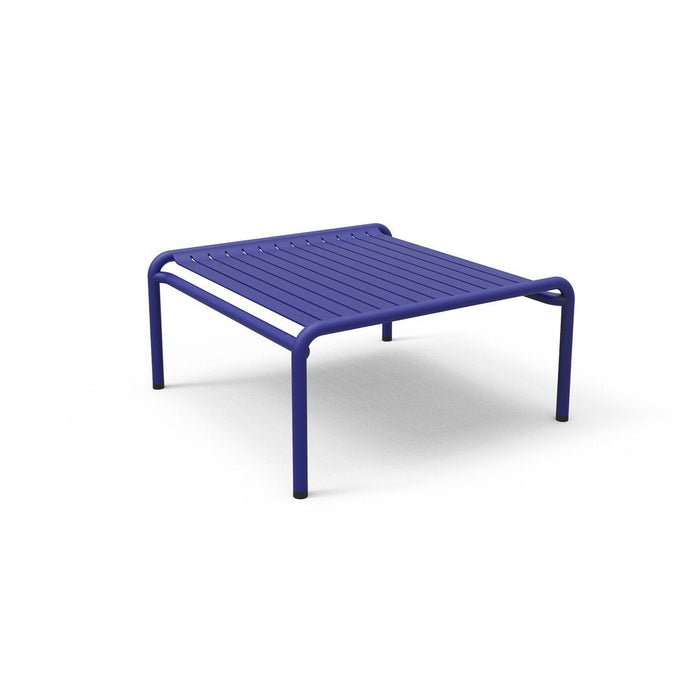 Vibrant blue outdoor table with sleek, slatted design for modern decor. Perfect for patio or garden settings.