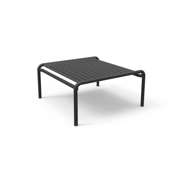 Black slatted patio table with a sleek, minimalist design and sturdy metal frame. Ideal for modern outdoor spaces.
