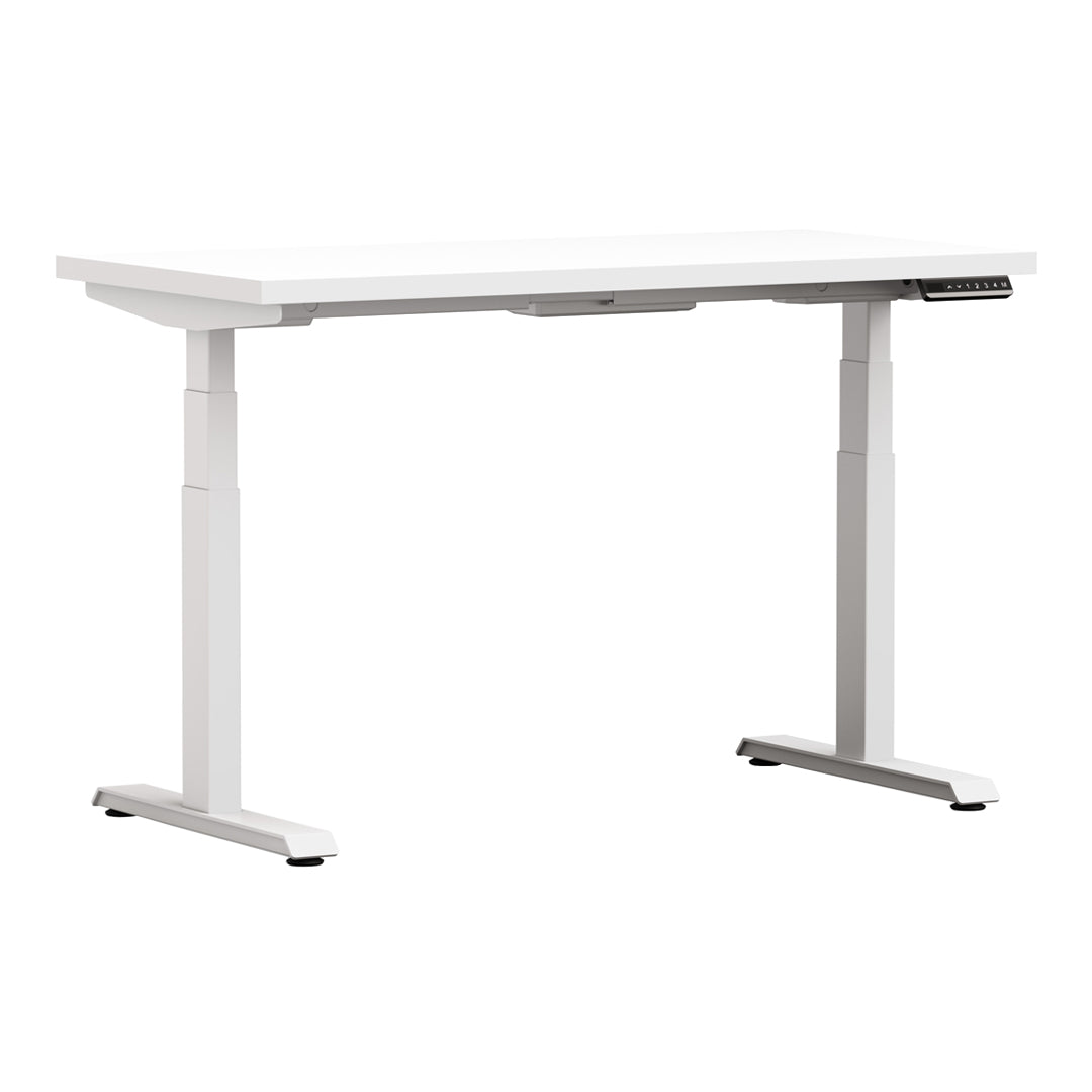 White Altitude A6 Height Adjustable Desk white legs, white top side view