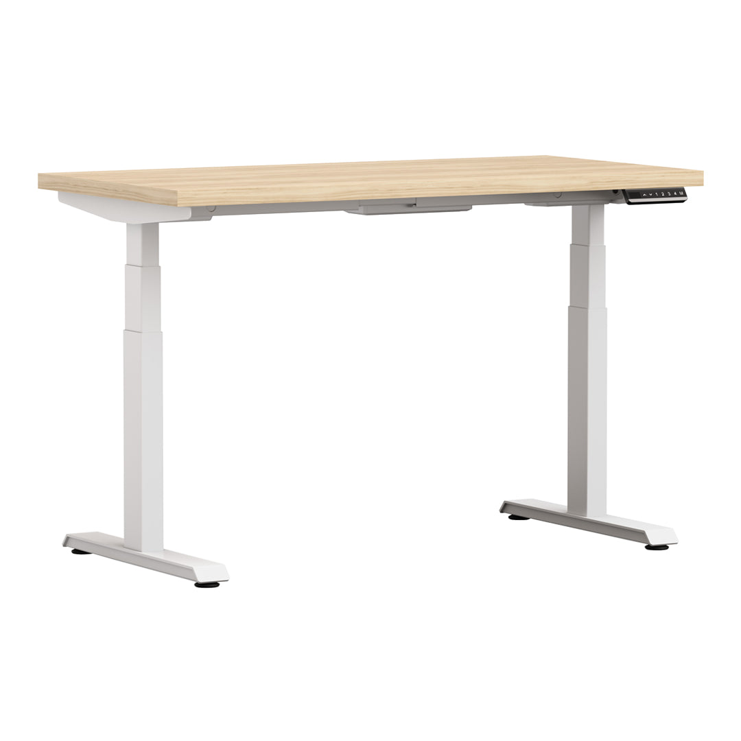 White Altitude A6 Height Adjustable Desk white legs, light wood top side view