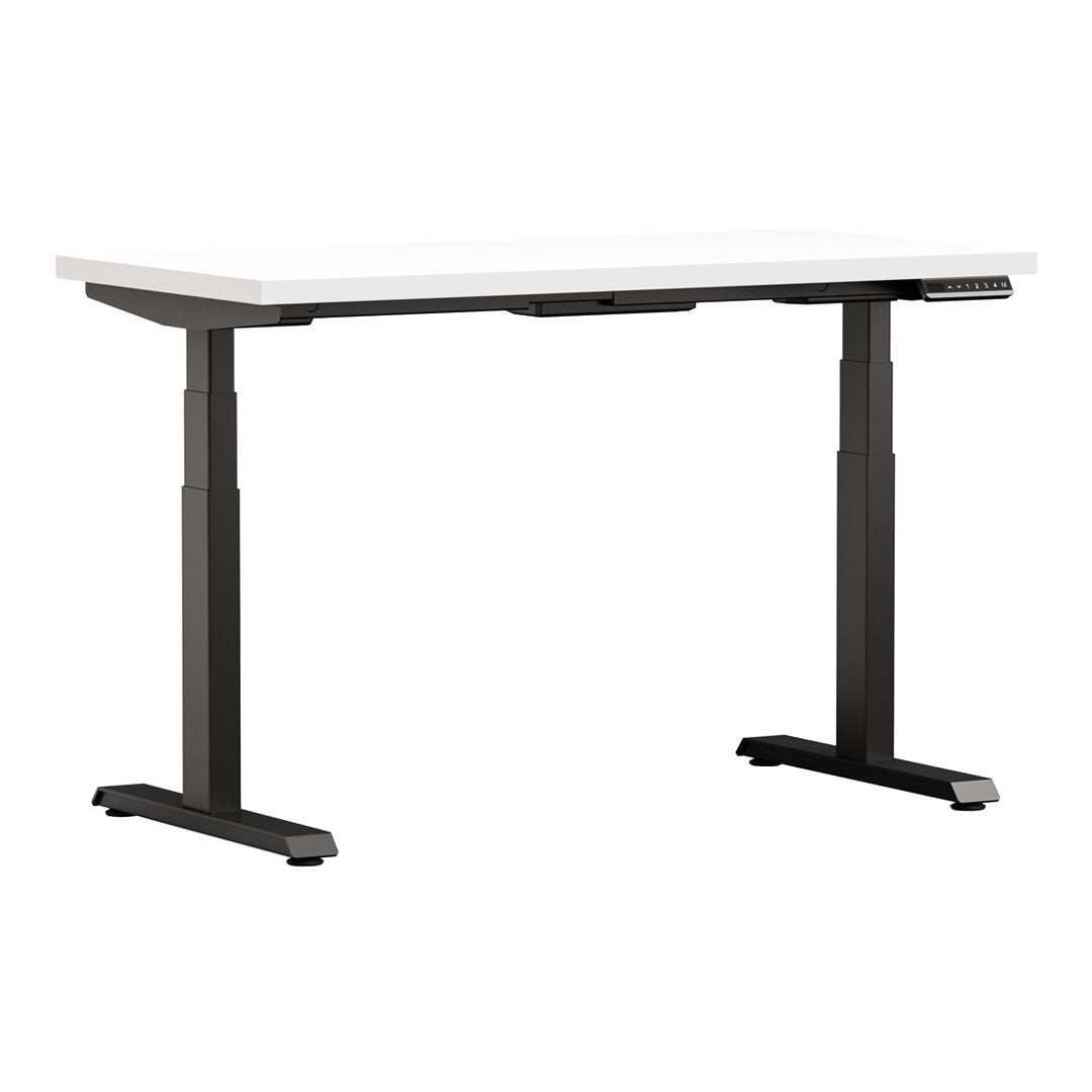 White Altitude A6 Height Adjustable Desk Side View White Top Black Legs