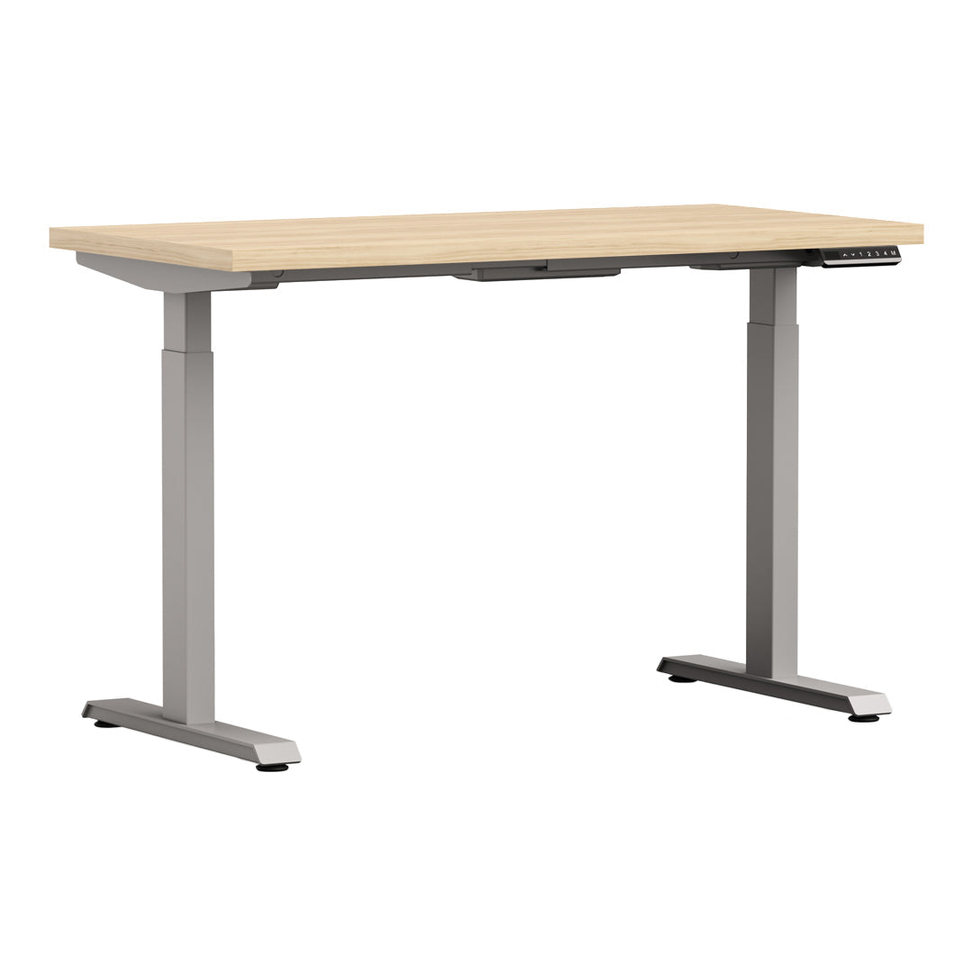 White Altitude A6 Height Adjustable Desk Side View, Light wood, Grey Legs