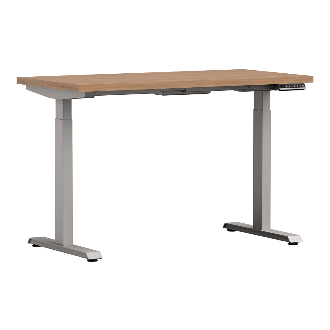 White Altitude A6 Height Adjustable Desk Side View, Dark Wood, Grey Legs