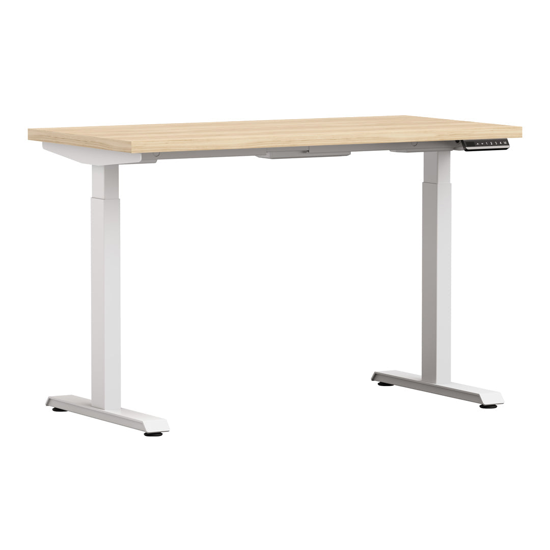 White Altitude A6 Height Adjustable Desk Side View, Light wood, White Legs
