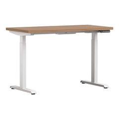 White Altitude A6 Height Adjustable Desk Side View, Dark Wood, White Legs