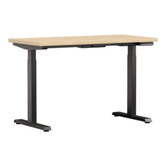 White Altitude A6 Height Adjustable Desk Side View, Light Wood, Black Legs