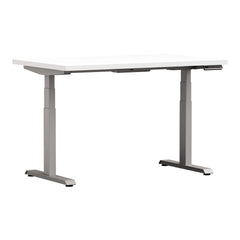 White Altitude A6 Height Adjustable Desk grey legs, white top, side view