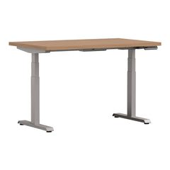 White Altitude A6 Height Adjustable Desk grey legs, side view, dark wood top