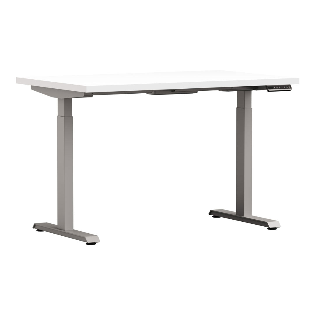 White Altitude A6 Height Adjustable Desk Side View, White Top, Grey Legs
