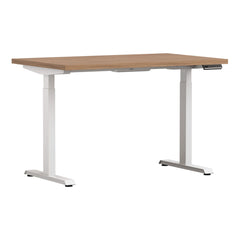 White Altitude A6 Height Adjustable Desk Side View, Dark Wood