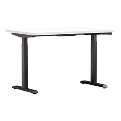 White Altitude A6 Height Adjustable Desk Side View, Black Legs, White Top