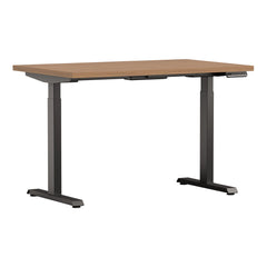 White Altitude A6 Height Adjustable Desk Side View, Grey Legs, wood top