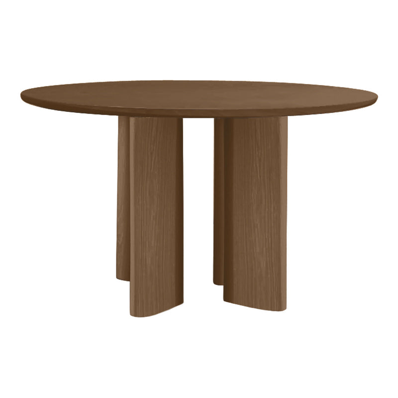 Round brown wooden table with a smooth finish and bold, geometric legs. Perfect for modern dining spaces.