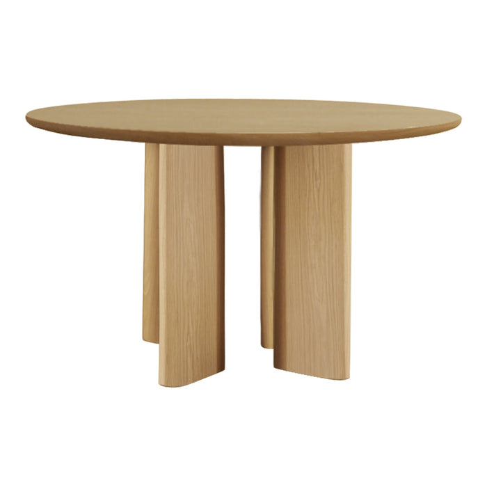 Natural wood round dining table with a smooth finish and minimalist design. Stylish, light oak color with subtle grain pattern.