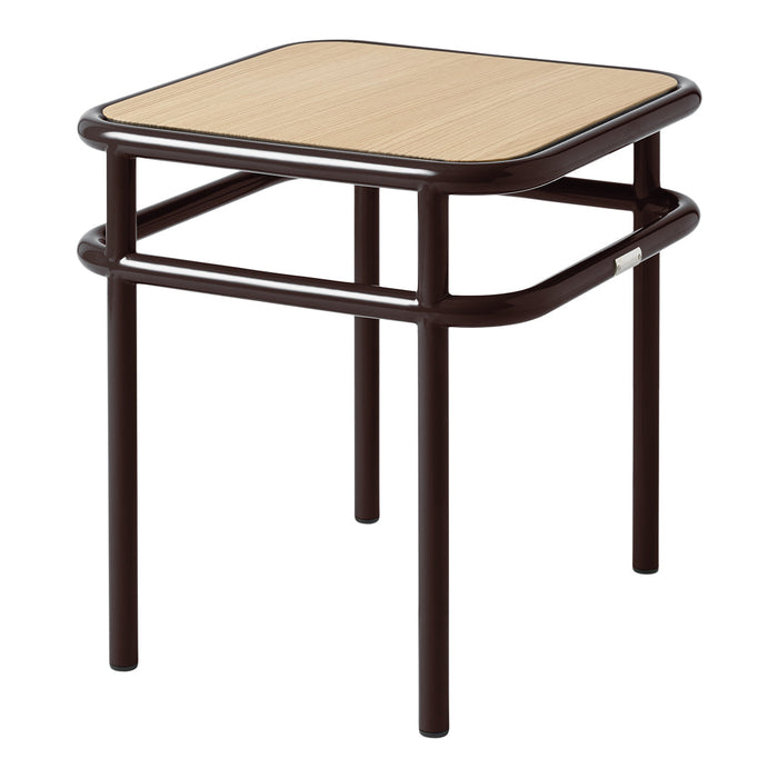 Brown metal frame with a light wooden top, featuring a simple, minimalist design. Perfect for modern decor.
