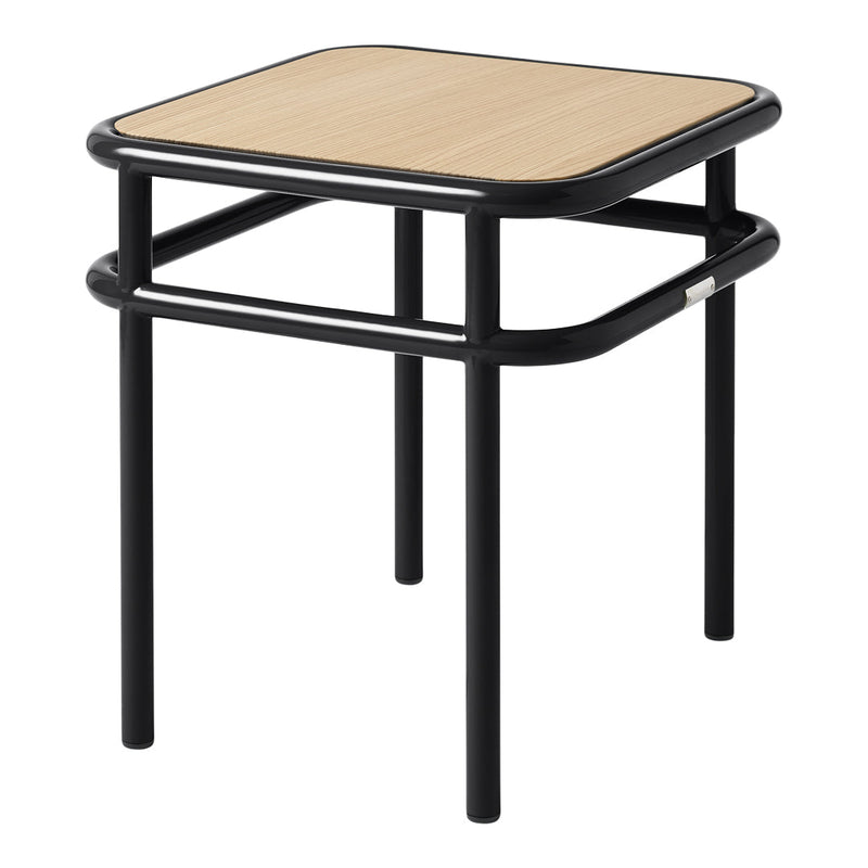Black metal frame with a natural bamboo top, featuring a sleek, minimalistic design. Perfect for modern decor.