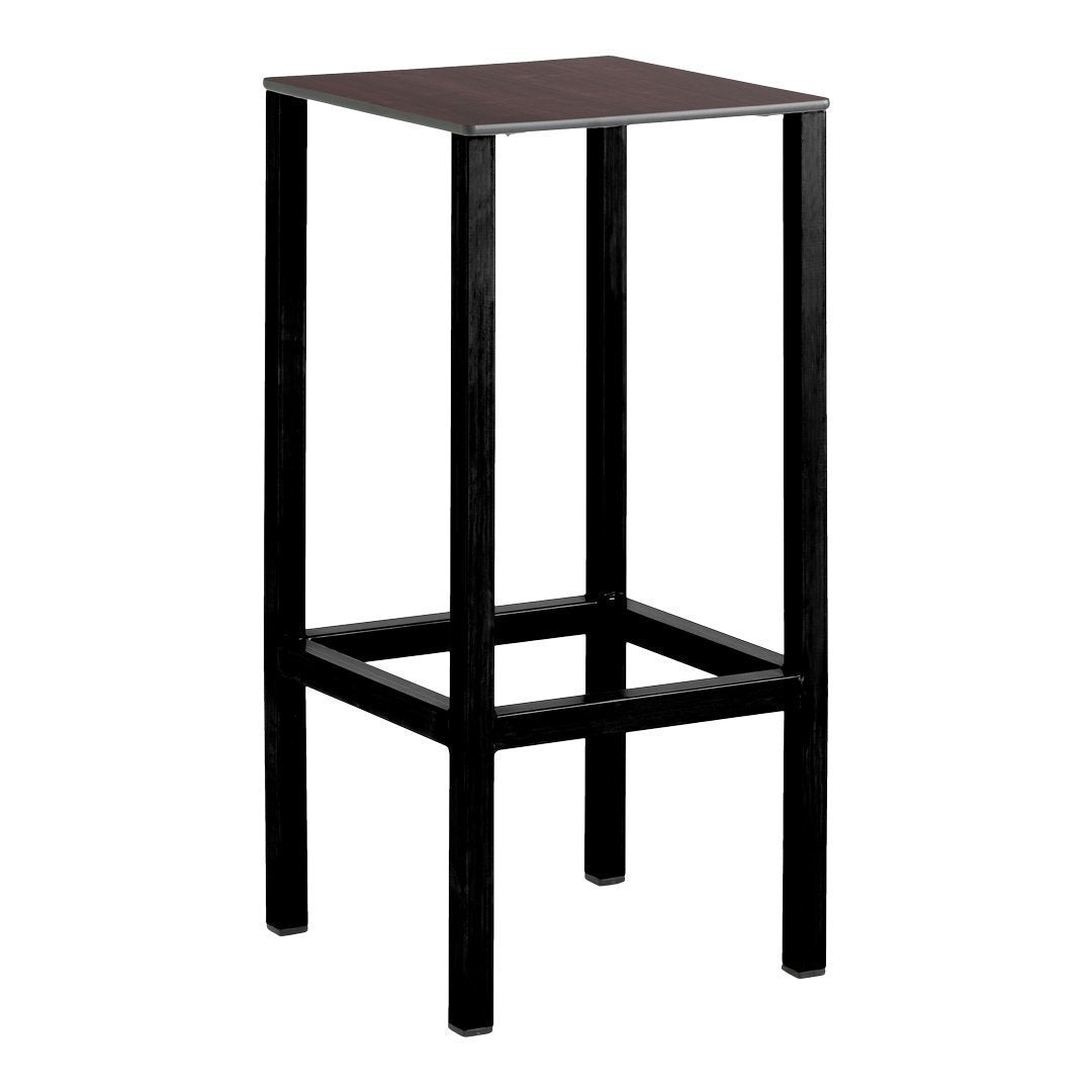 Black bar table with a sleek, minimalist design and a smooth, dark brown tabletop. Perfect for modern decor.