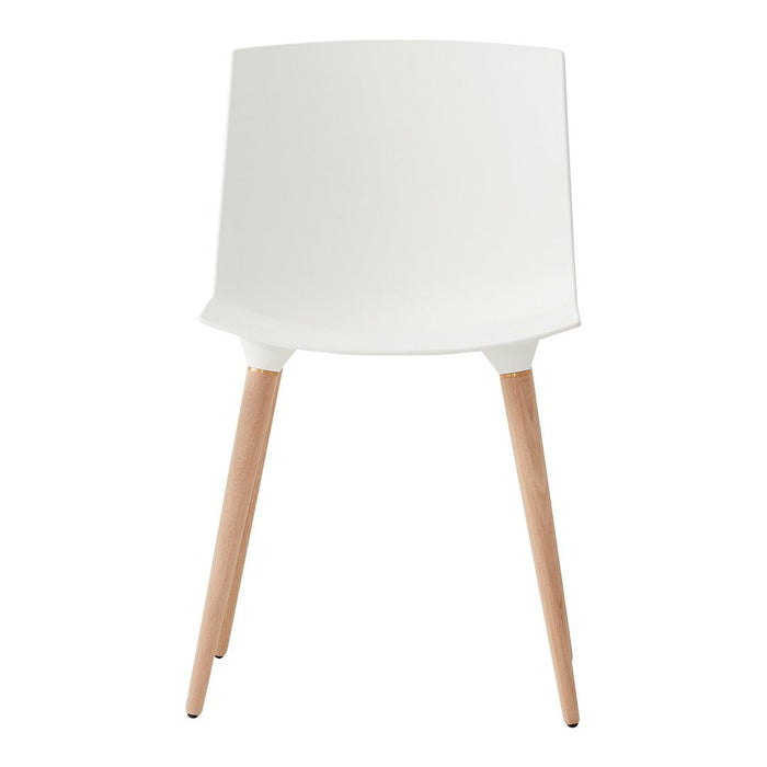 Modern white chair with smooth curved back and natural wooden legs, showcasing a minimalist design.