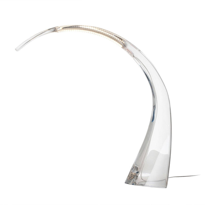Modern clear acrylic lamp with a sleek curved design and warm white LED light. Elegant and minimalist decor piece.
