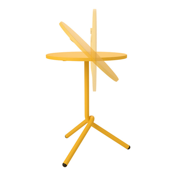 Bright yellow round table with a minimalist design and three-legged tripod base. Modern and stylish decor accent.