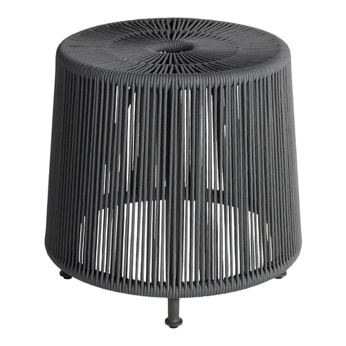 Black, round accent table with vertical slats and a modern design. Ideal for contemporary home decor.